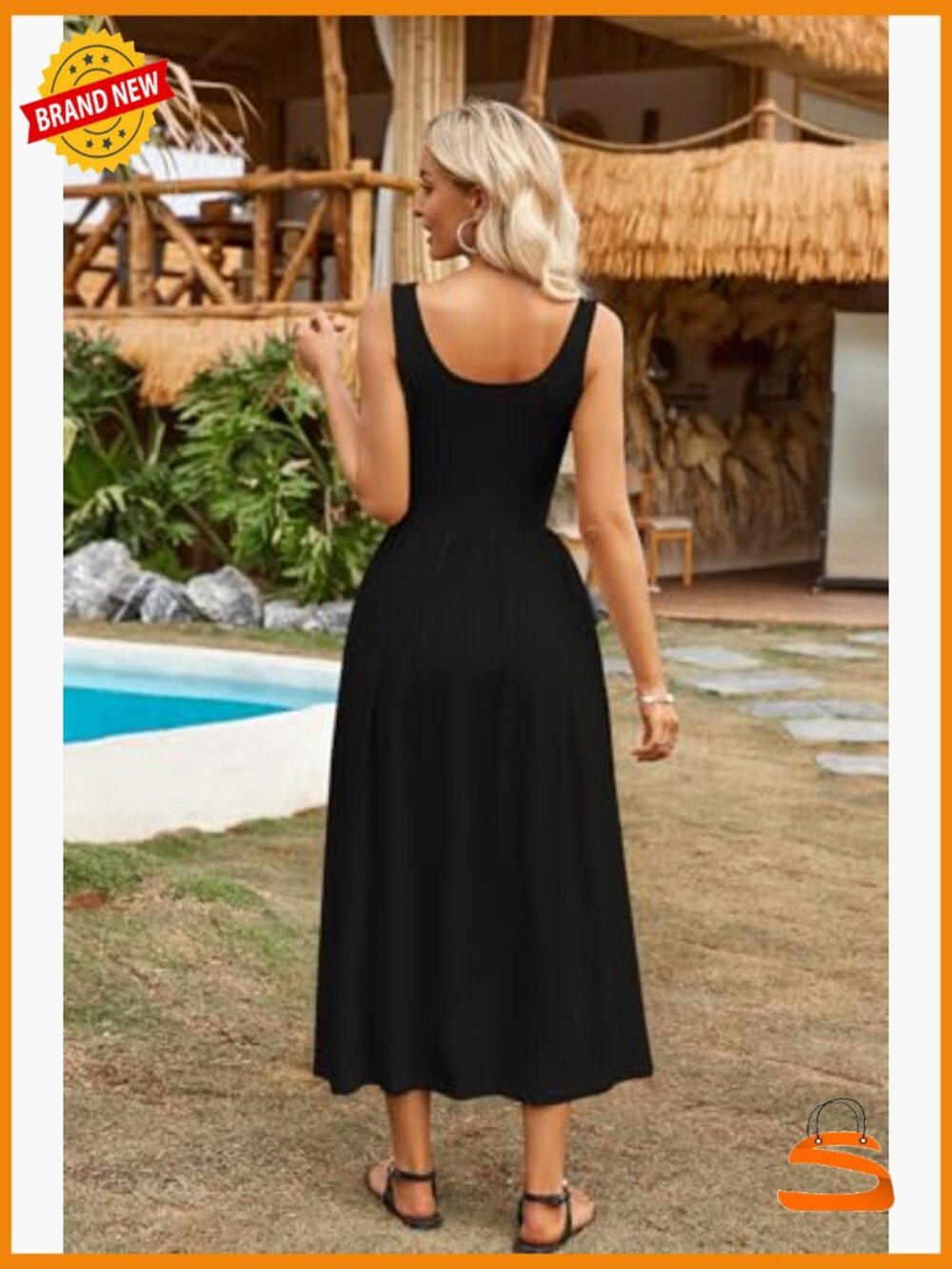 Women's Maxi Dress Square Neck Sleeveless A-Line Knit Sundress with Pockets - Picture 5 of 7